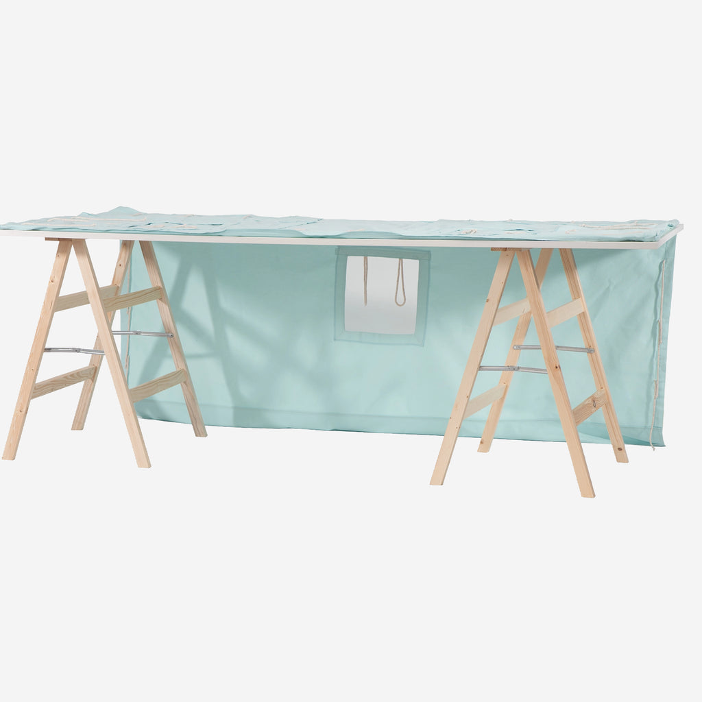 Fundertable Basissystem in Mint – modularer Tischvorhang mit Fenstern und aufrollbaren Öffnungen für Spielen unter dem Tisch