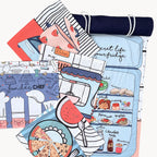 Fundertable Küchen-Textilpaneele mit Illustrationen von Lebensmitteln und Küchenutensilien, kombiniert mit navyblauem Waffelstoff und Aufhängeschlaufen