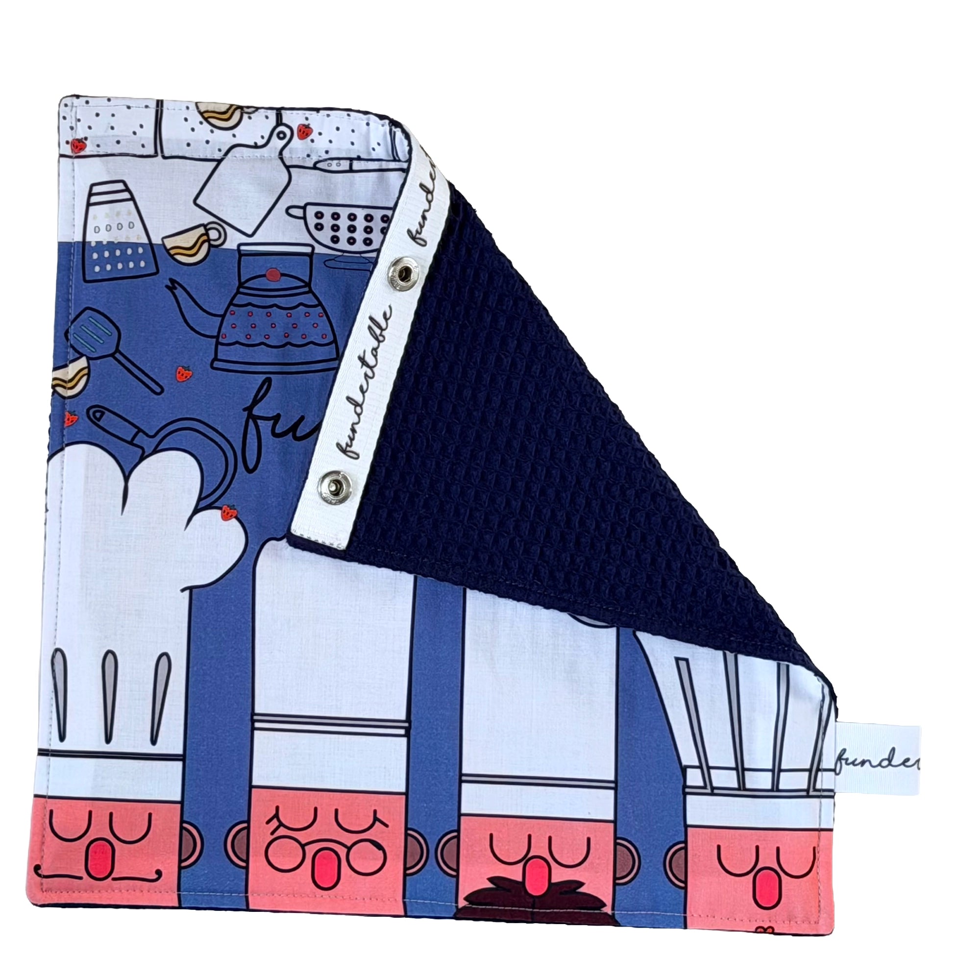 Fundertable Funderchef-Flap mit Druckknöpfen und navyblauer Waffelrückseite, Küchenmotiv auf der Vorderseite