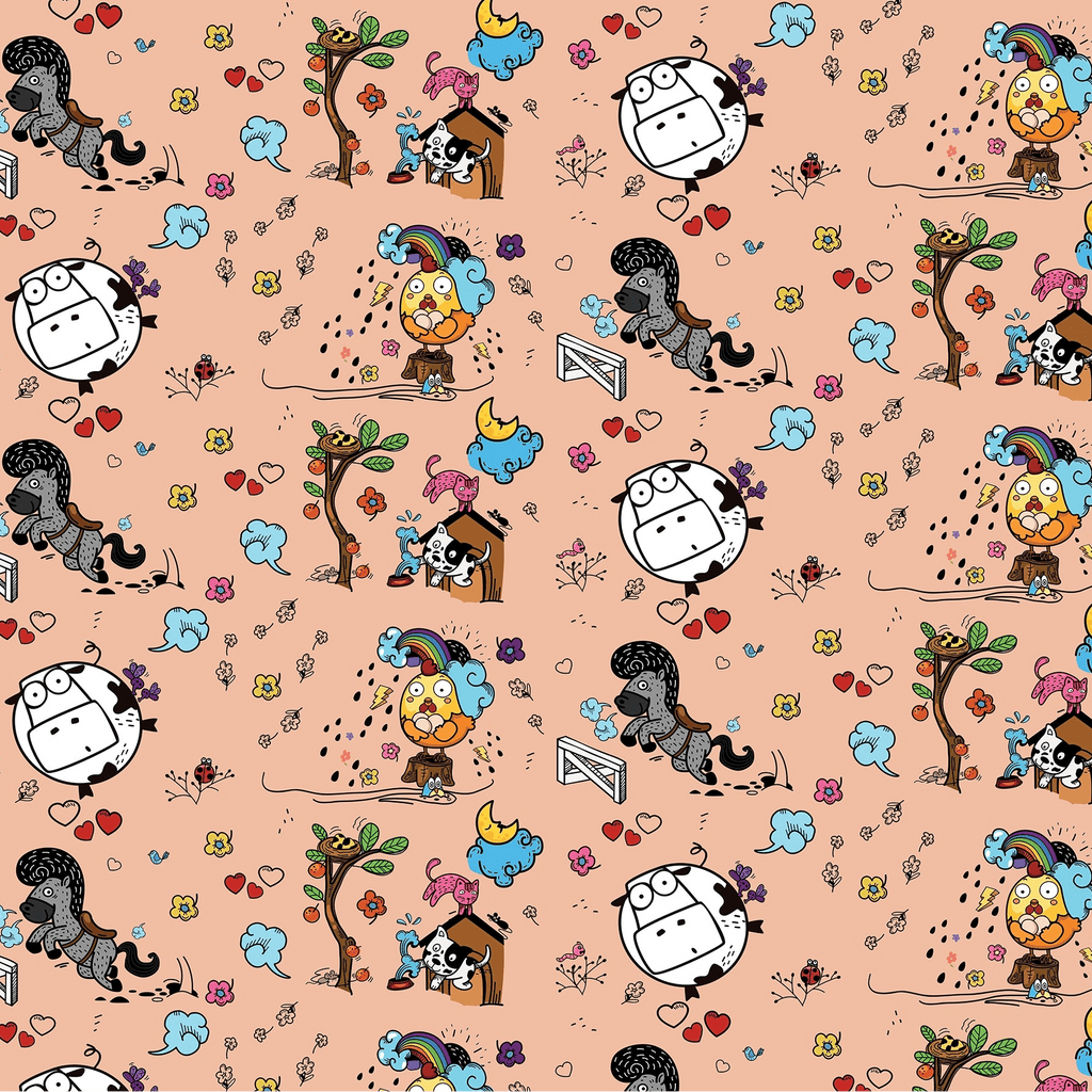 Fundertable Spielmatte im Bauernhof-Design mit liebevollen Tier- und Naturillustrationen – ideal für fantasievolles Spielen mitten im Familienalltag unter dem Tisch