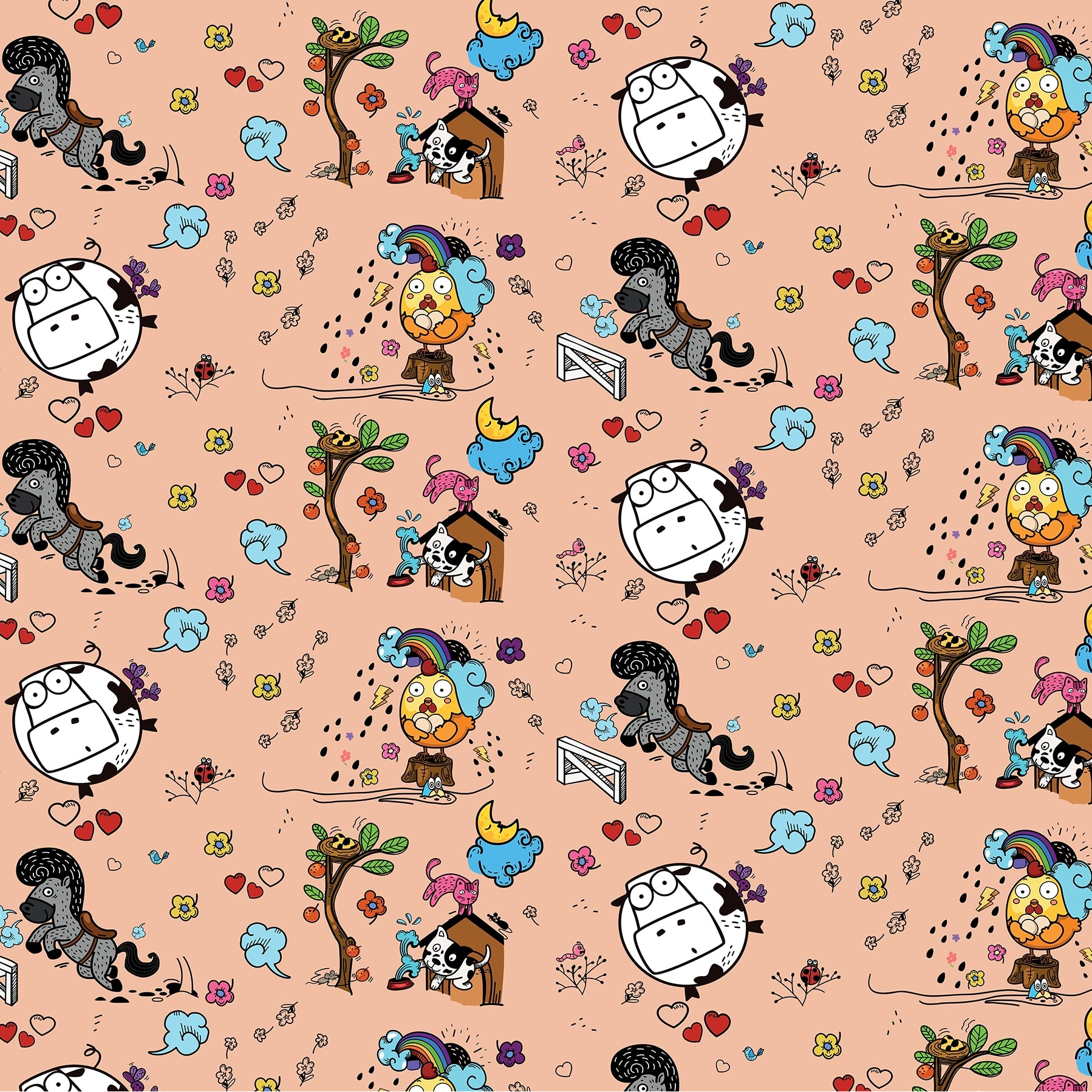 Fundertable Spielmatte im Bauernhof-Design mit liebevollen Tier- und Naturillustrationen – ideal für fantasievolles Spielen mitten im Familienalltag unter dem Tisch