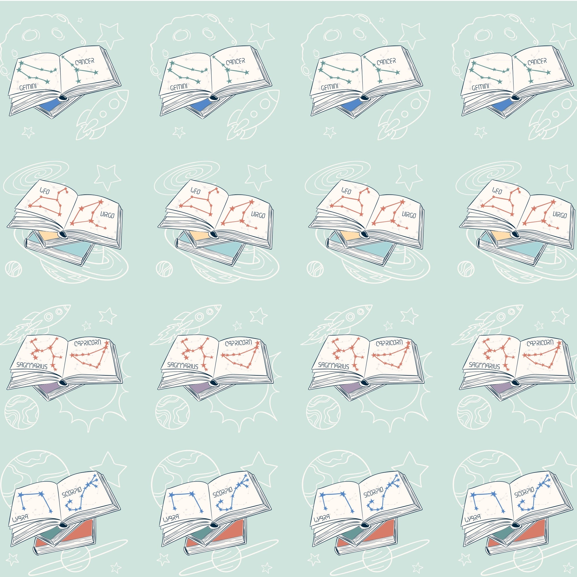 Fundertable Stoffmuster mit Büchern und Sternbildern auf hellblauem Hintergrund