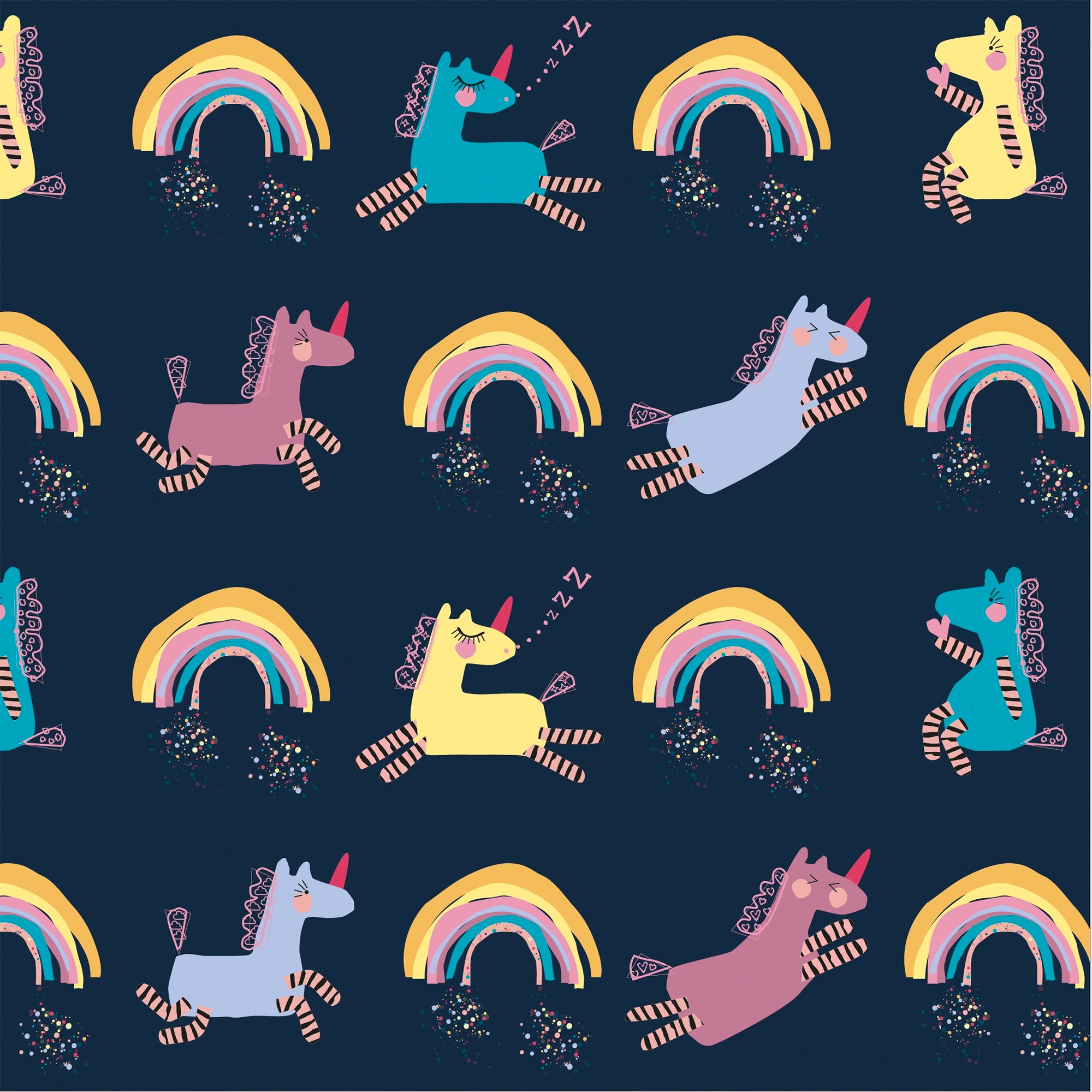 Fundertable Spielmatte im Einhorn-Design mit farbenfrohen Regenbögen – ideal für fantasievolles Spielen unter dem Tisch mitten im Familienalltag