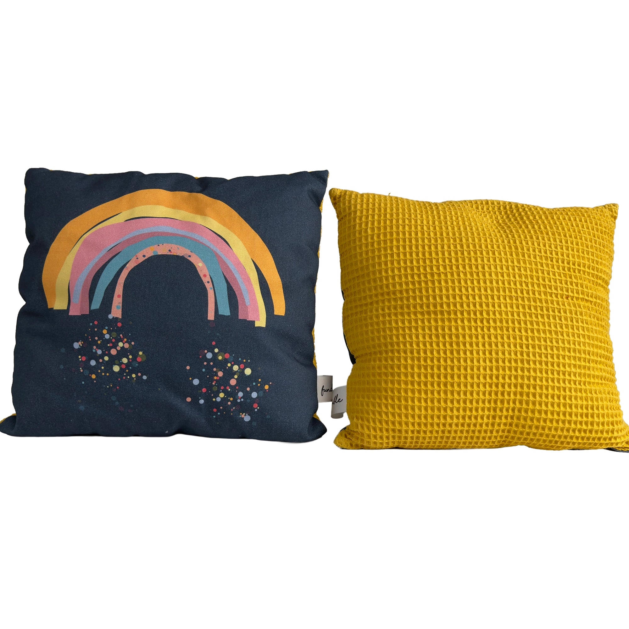 Fundertable Kissen mit Regenbogenmotiv und gelber Waffelrückseite