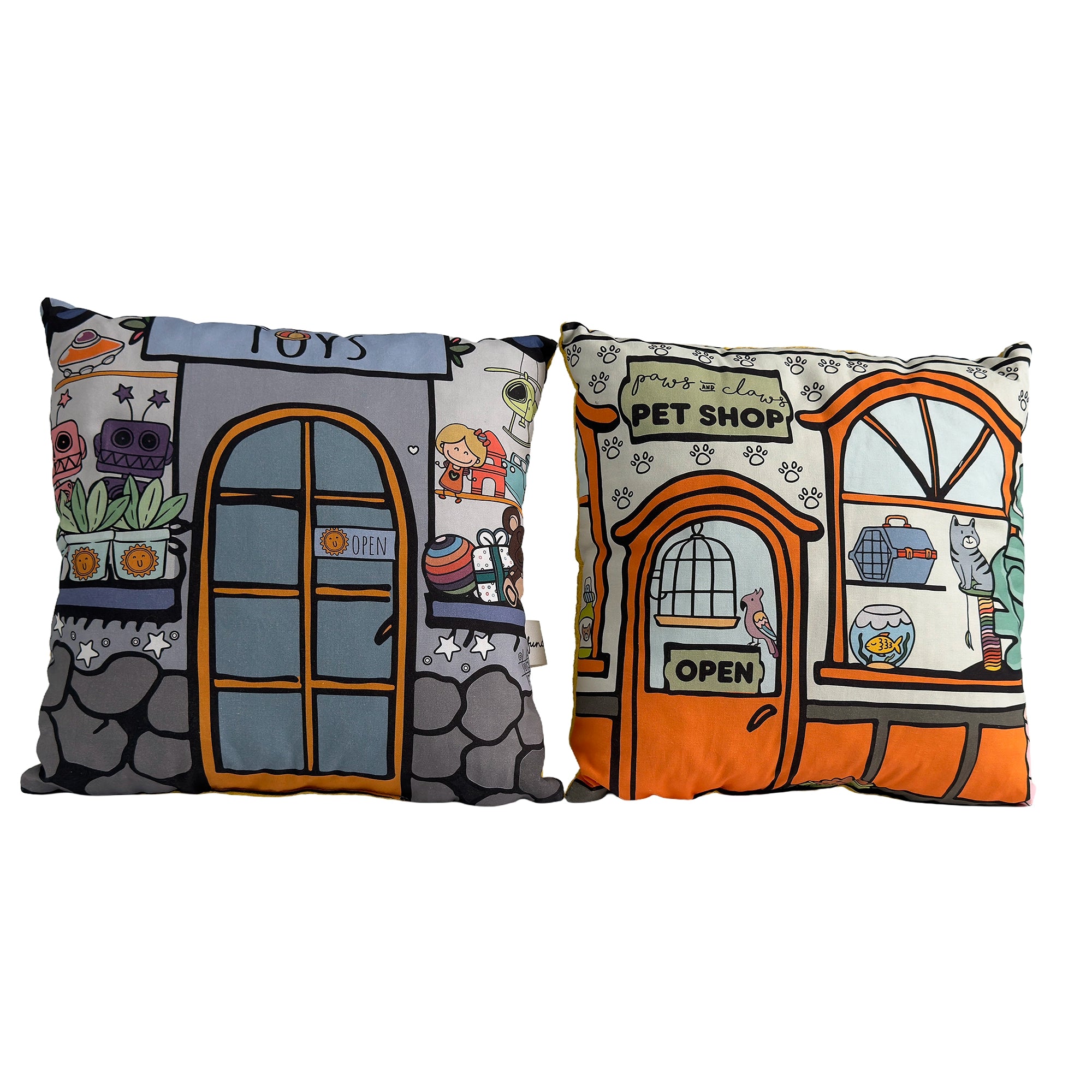 Fundertable Kissen mit Stadtmotiv, Spielzeugladen und Tierhandlung