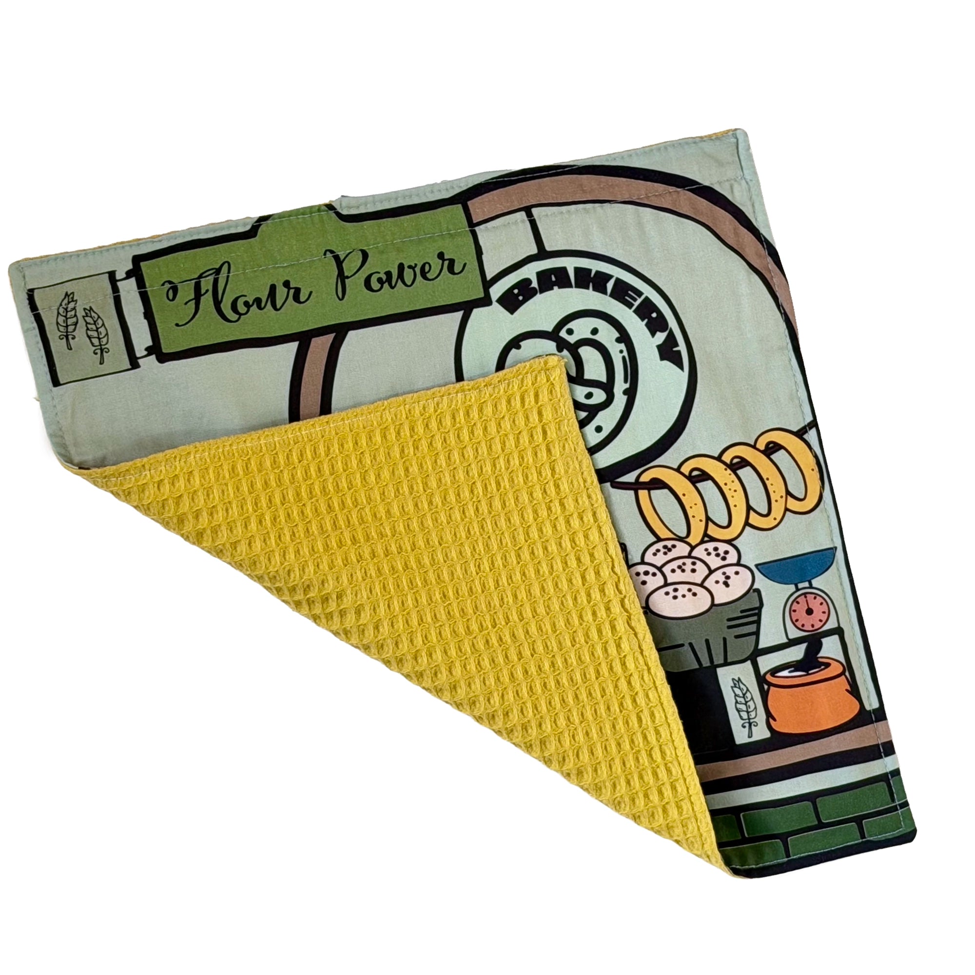 Fundertable Fensterklappe im Stadt-Design mit Bäckerei-Motiv und gelber Waffelrückseite