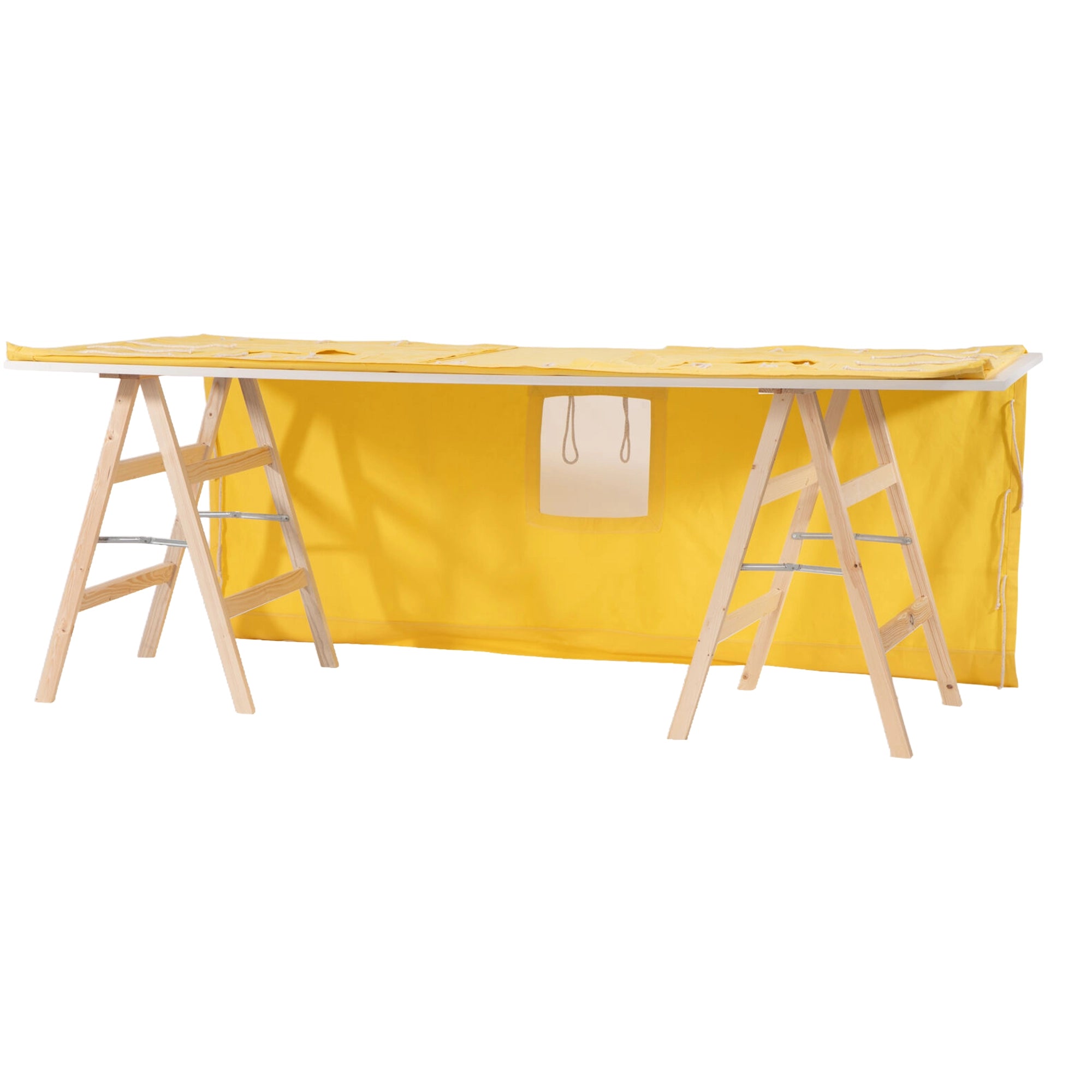 Fundertable Basissystem in Gelb – modularer Tischvorhang mit Fenstern und aufrollbaren Öffnungen für Spielen unter dem Tisch
