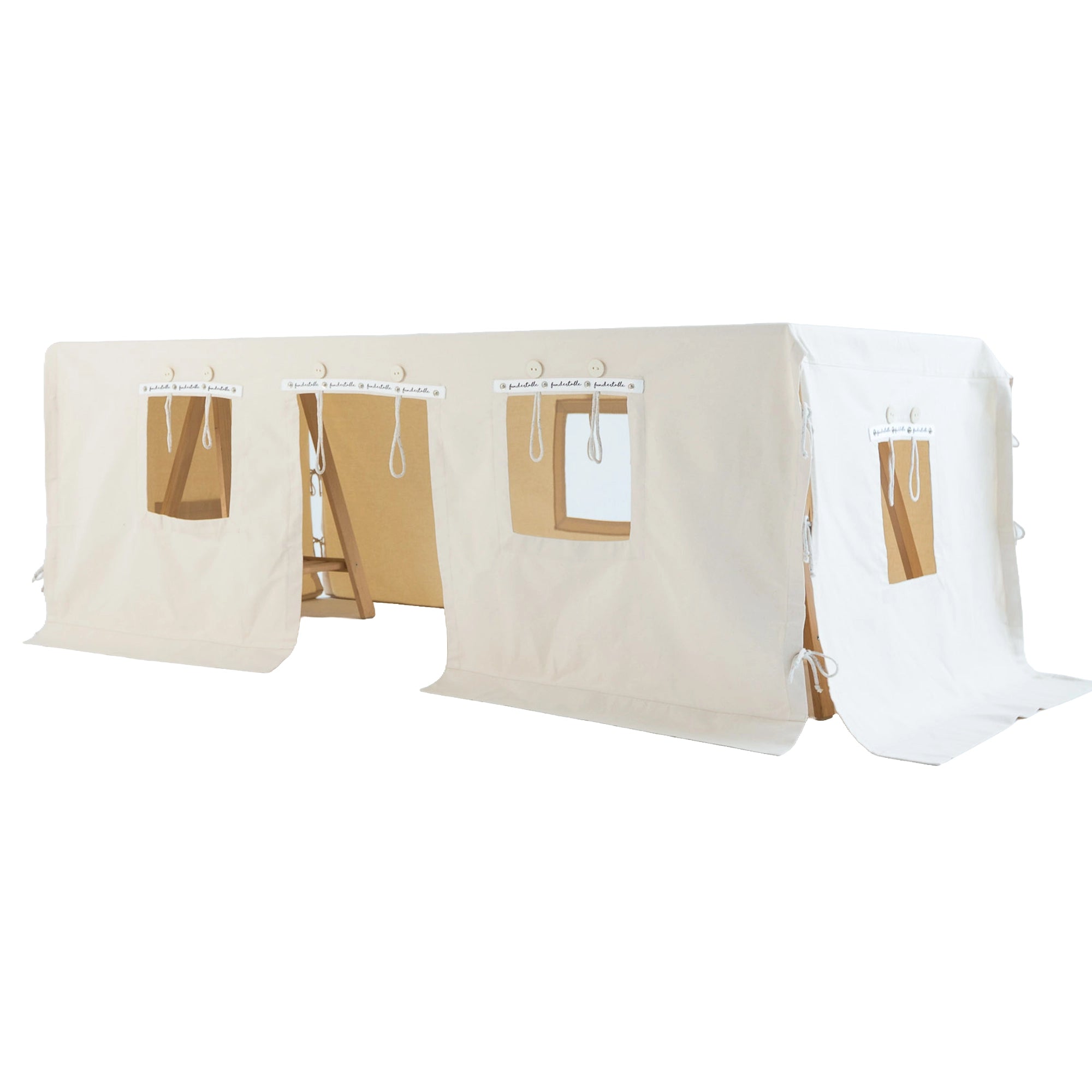 Fundertable Basissystem – neutraler Tischvorhang mit Fenstern und aufrollbaren Öffnungen