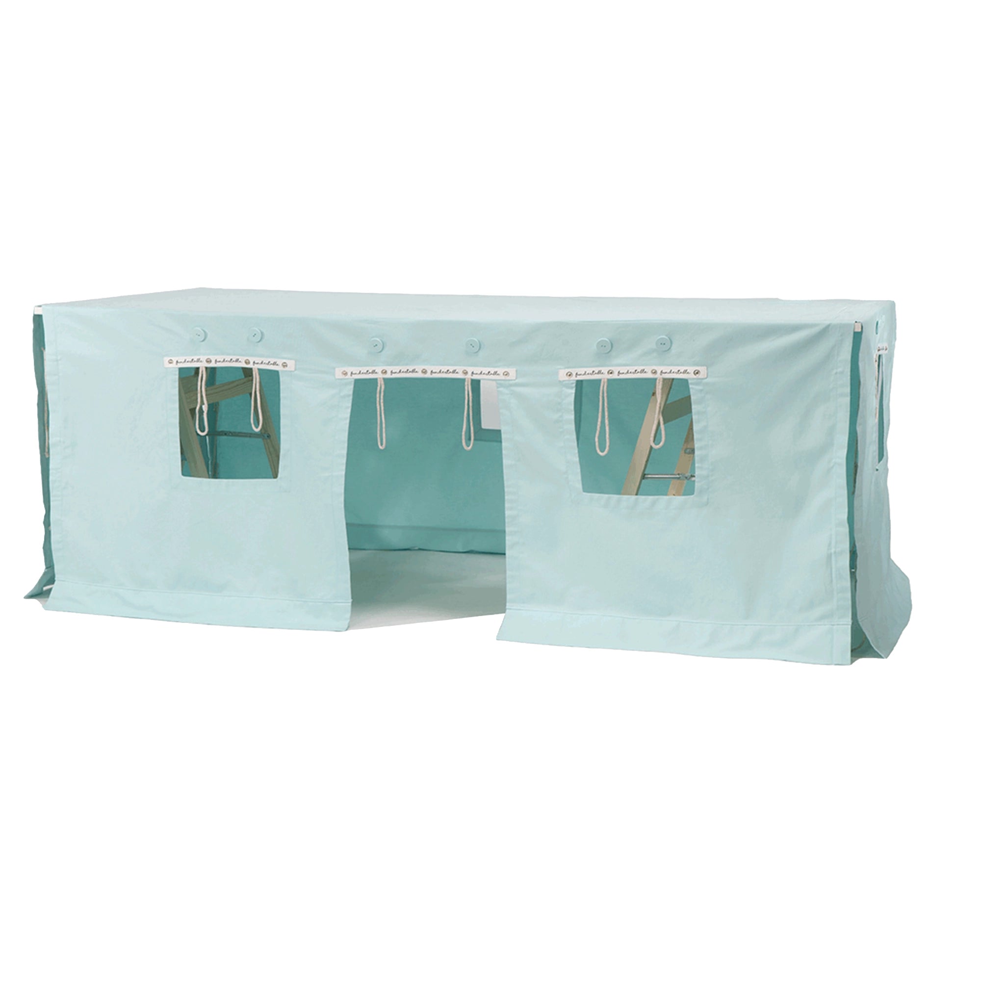 Fundertable Basissystem in Mint – Tischvorhang mit Fenstern und aufrollbaren Öffnungen