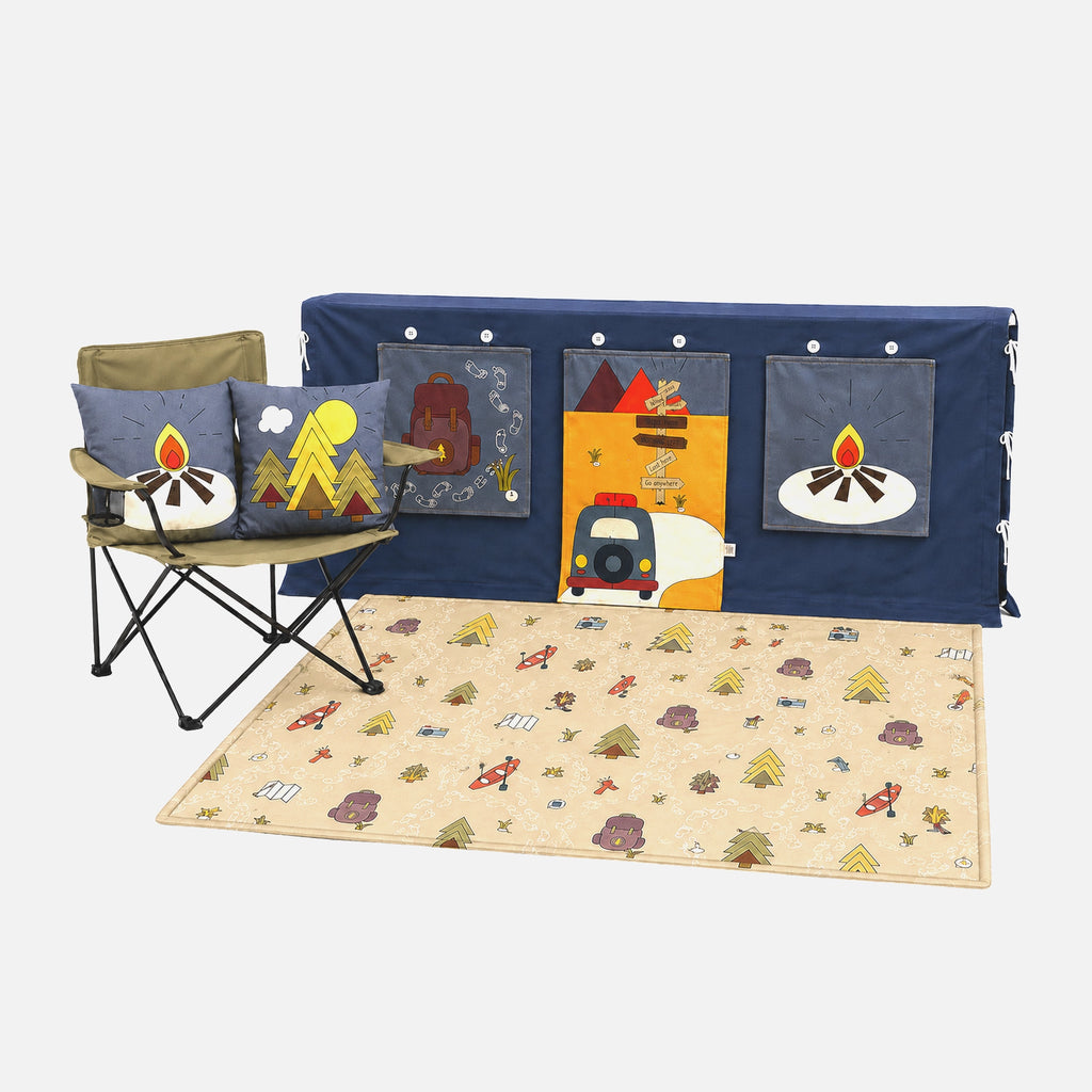 Fundertable Camp Globetrotter MAX Set mit Base, Fenster- und Türflaps, Spielmatte und Kissen. Komplette Spielwelt für kreatives Spielen, Rückzug und Abenteuer unter dem Tisch.
