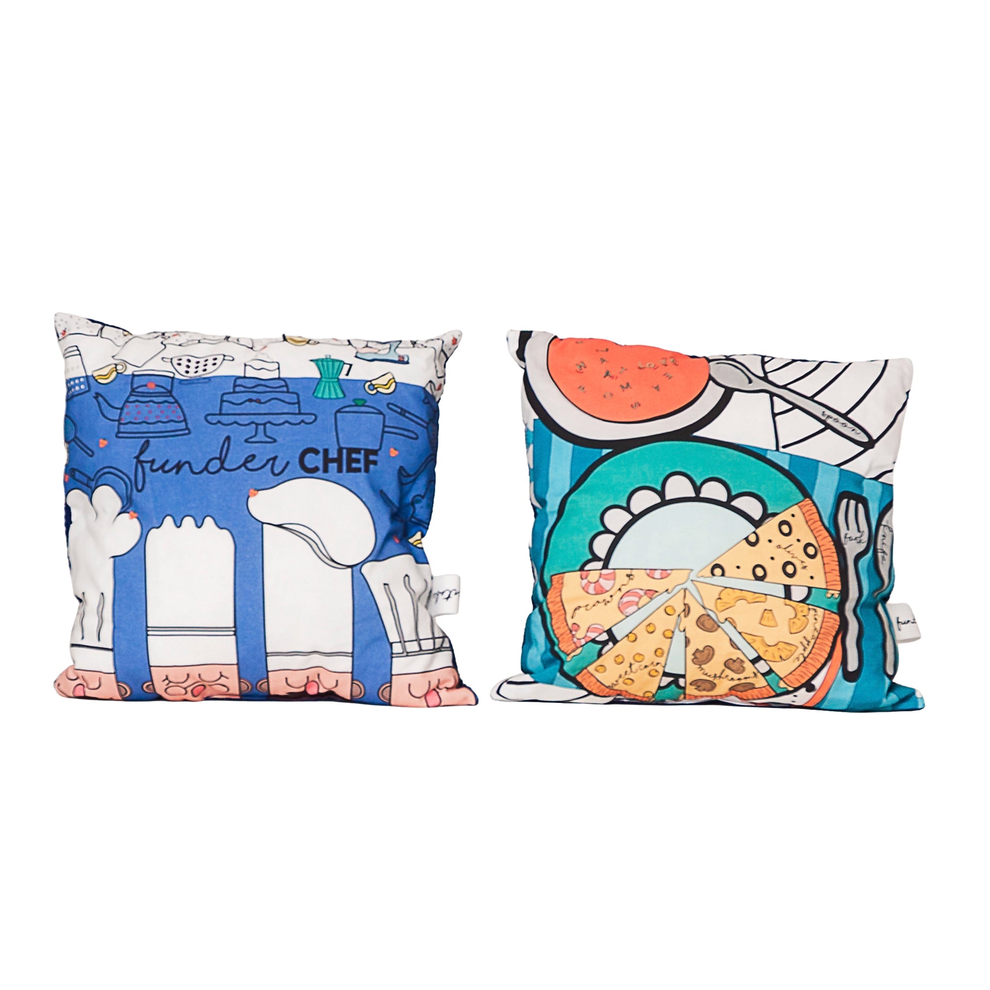 Fundertable Kissen mit Funderchef-Motiv und Lebensmittelillustrationen, dekorative Ergänzung zum Spielraum unter dem Tisch
