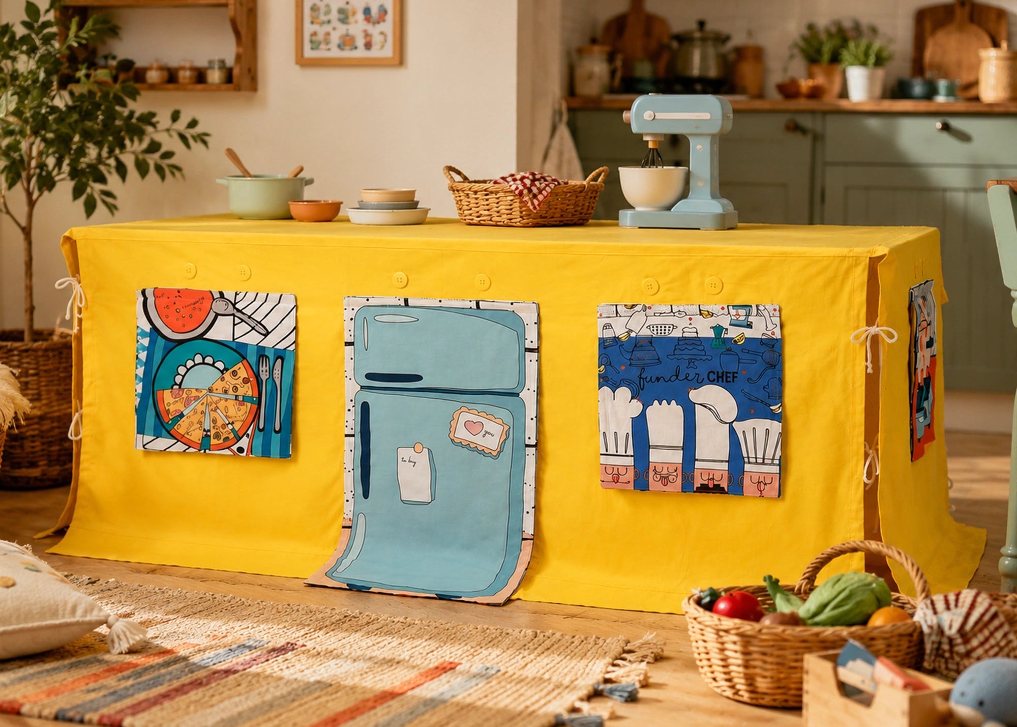 Fundertable Funderchef Spielwelt mit gelber Base, Kühlschrank-Tür und Küchenfenstern. Eine textile Spielküche unter dem Tisch für kreatives Kochen, Rollenspiele und fantasievolle Geschichten mitten im Familienalltag.
