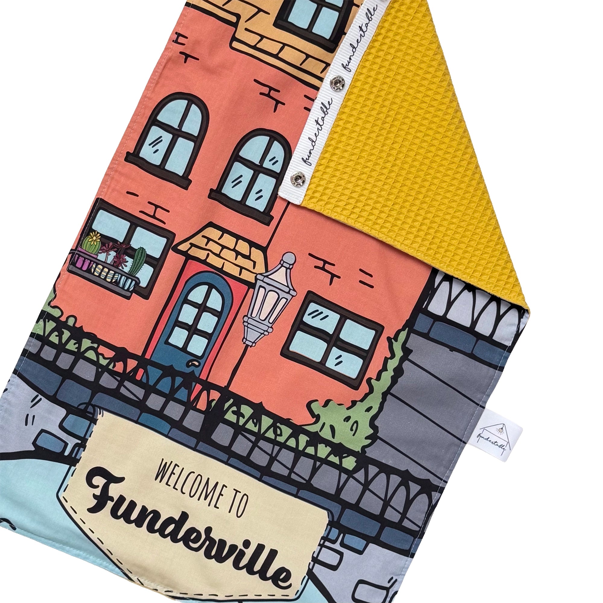 Fundertable Türklappe im Stadt-Design „Funderville“ mit Häuserfassade und gelber Waffelrückseite
