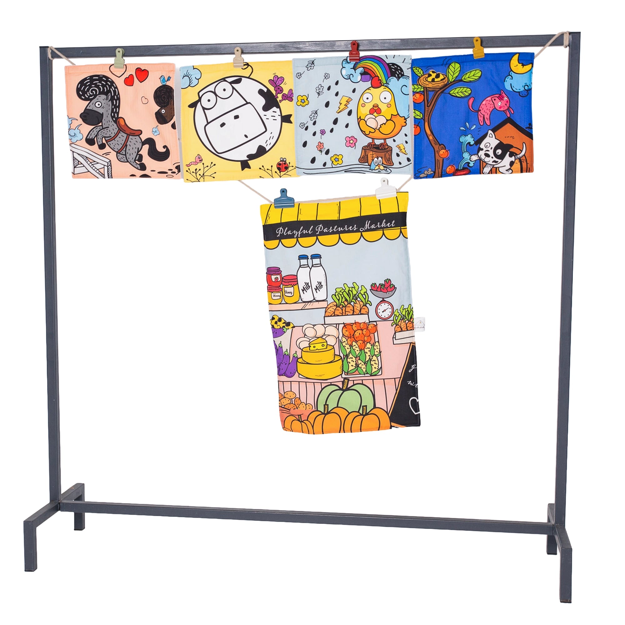 Fundertable Fensterklappen und Türklappe mit Tiermotiven und Marktszene – textile Elemente für den Spielraum unter dem Tisch