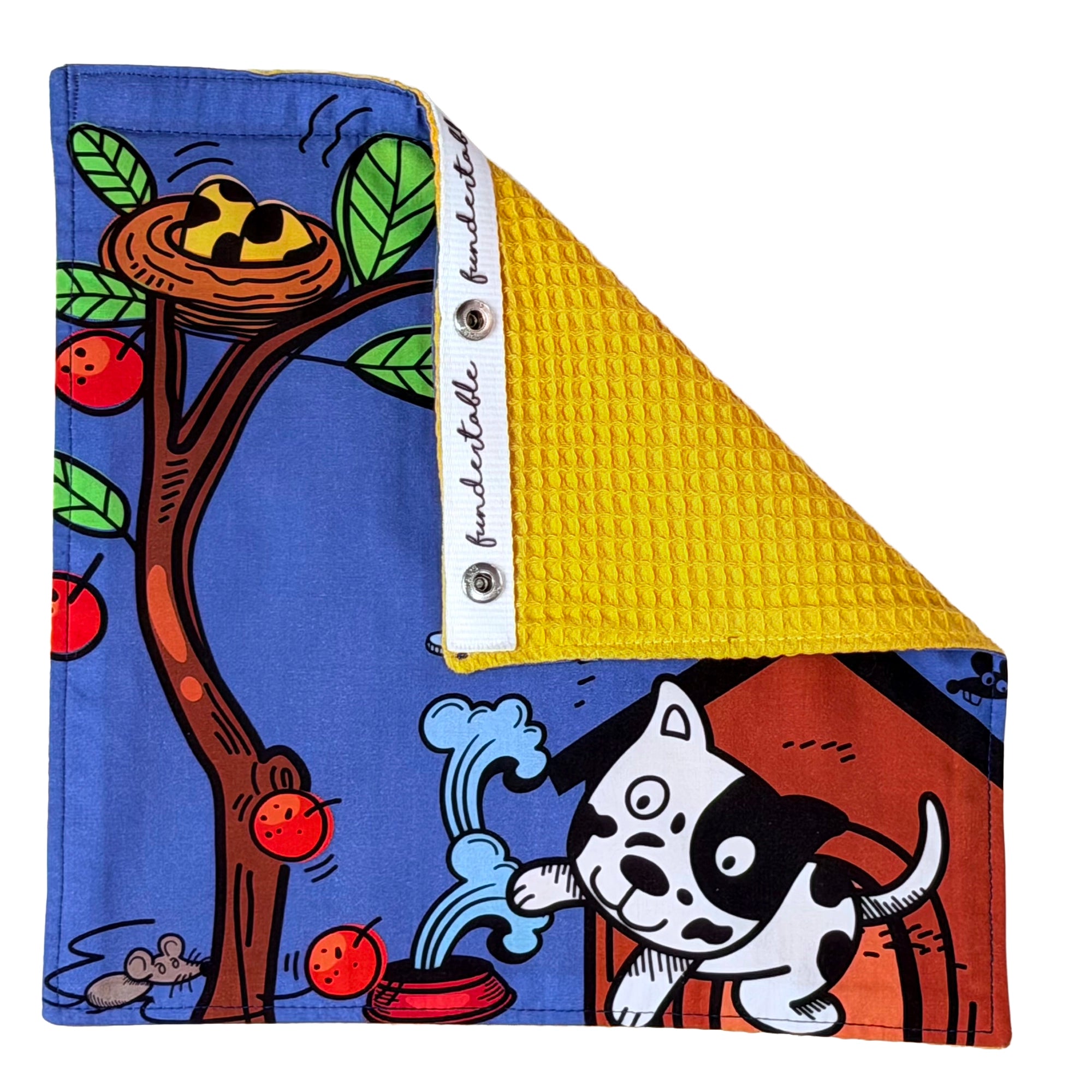 Fundertable Fensterklappe mit Tiermotiv, Druckknöpfen und gelber Waffelrückseite