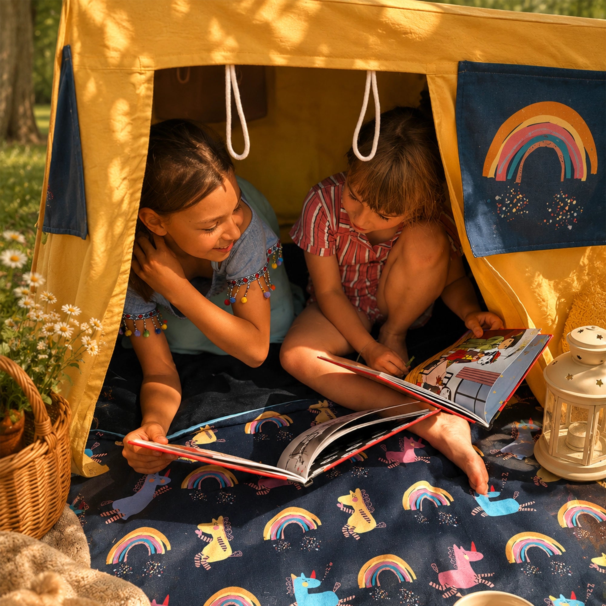 Zwei Kinder lesen gemeinsam unter einem Fundertable Spielzelt mit Einhorn-Motiven. Die gemütliche Unter-dem-Tisch-Spielwelt mit aufrollbarer Türklappe, Spielmatte und Kissen schafft einen ruhigen Rückzugsort zum Lesen, Entdecken und Träumen.