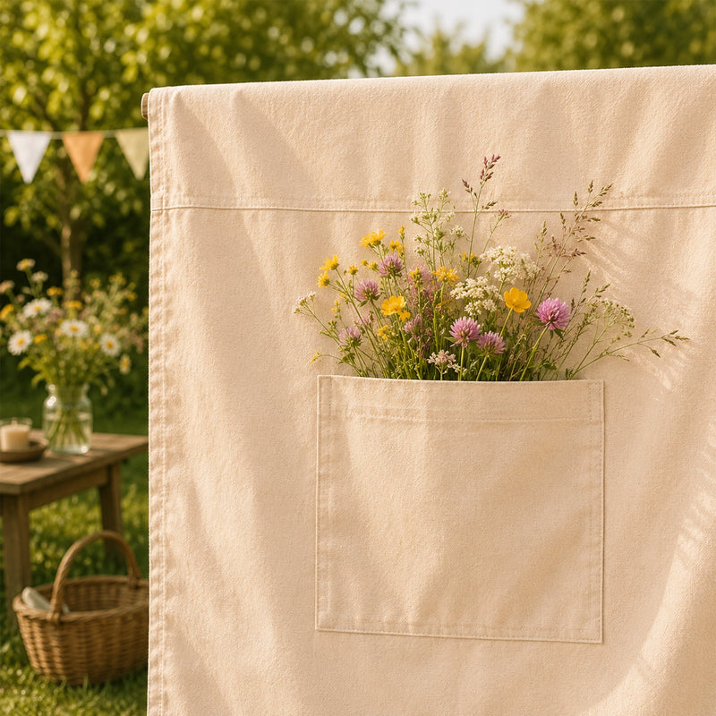 Ein Strauß frisch gepflückter Wildblumen steckt in der Außentasche einer Fundertable Base. Kleine Details machen den Raum unter dem Tisch zu einem besonderen Ort für Fantasie, Entdeckungen und Familienmomente.