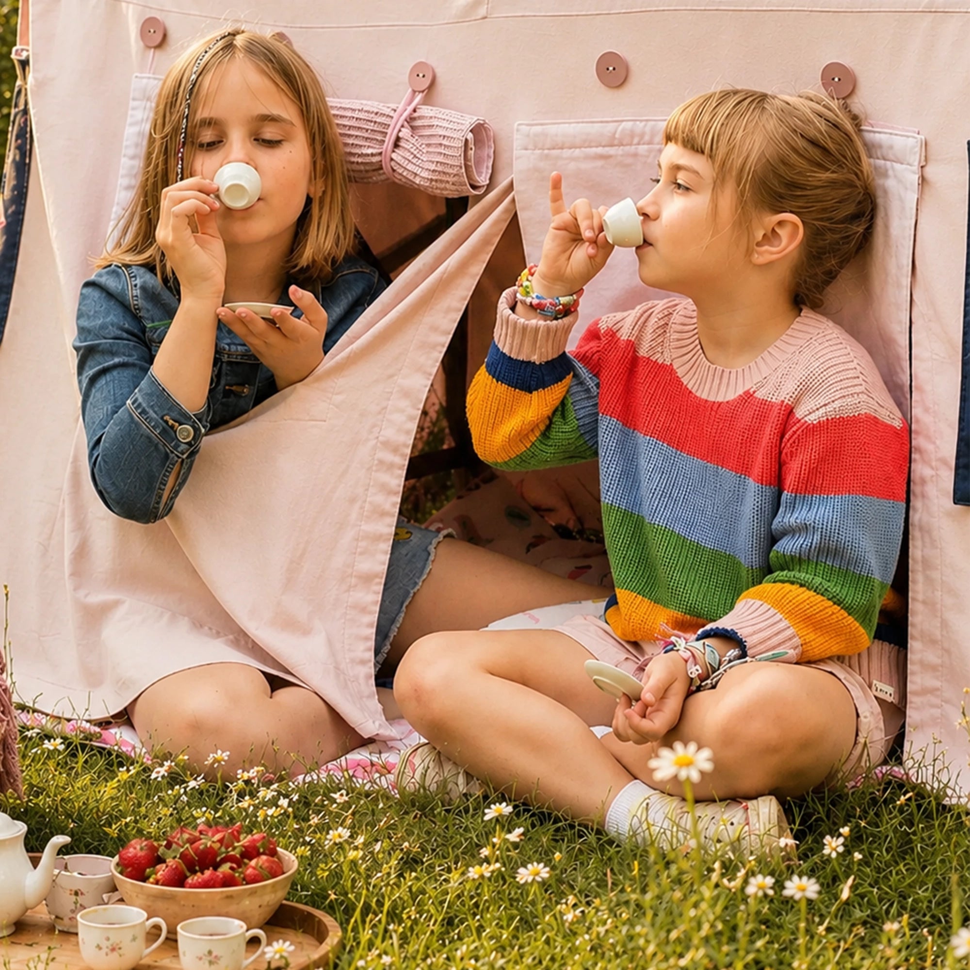 Zwei Kinder genießen eine Teeparty vor einem Fundertable Spielhaus im Garten. Die geöffnete Tür schafft einen geschützten Raum unter dem Tisch für Rollenspiele, gemeinsame Momente und fantasievolle Abenteuer im Familienalltag.