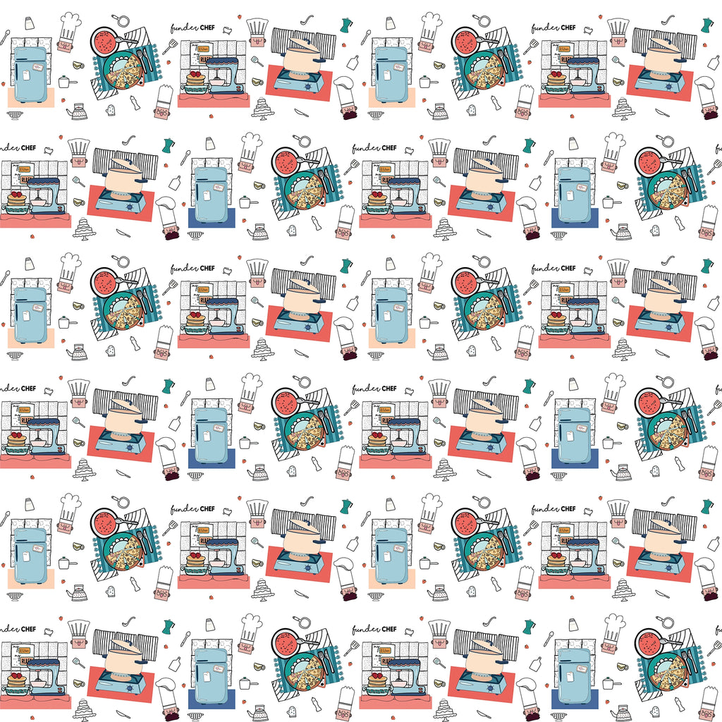 Fundertable Spielmatte Muster mit Küchenmotiven und „Funder Chef“ Illustrationen