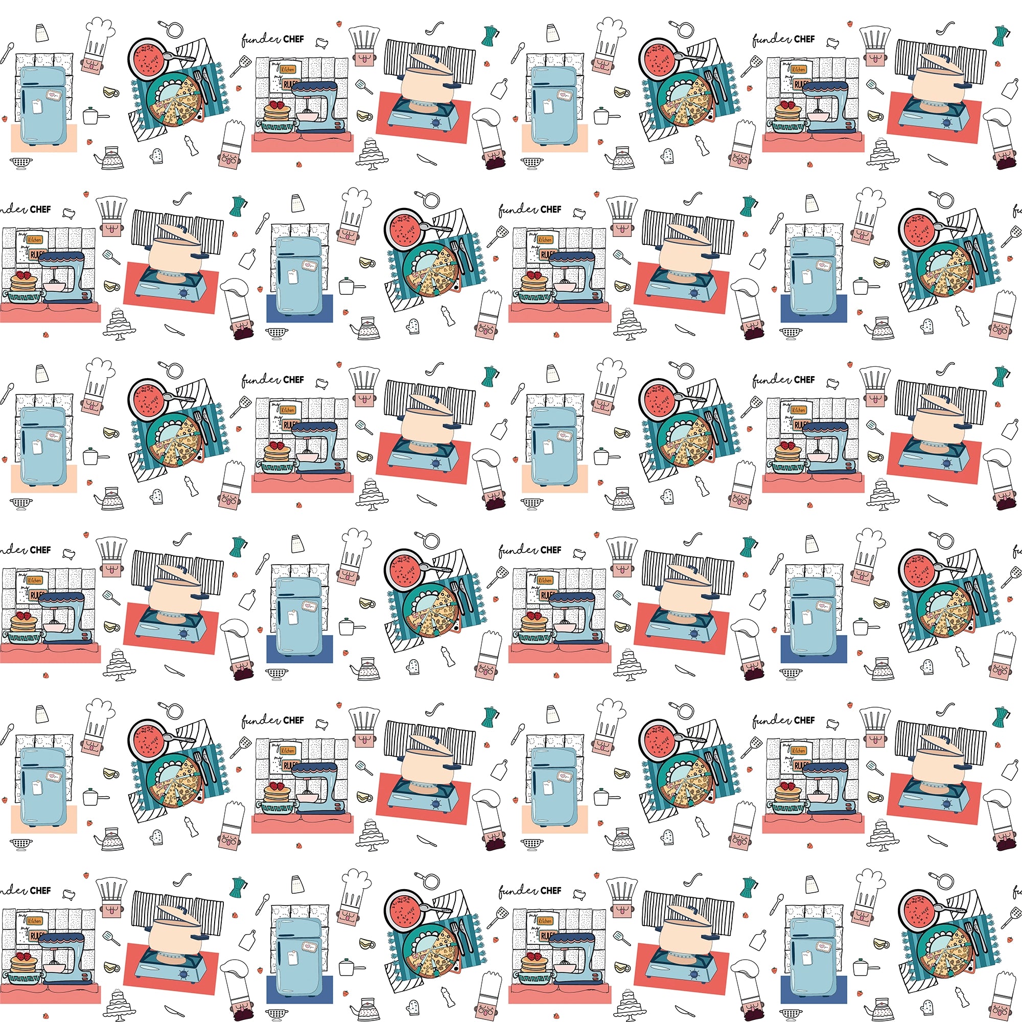 Fundertable Spielmatte Muster mit Küchenmotiven und „Funder Chef“ Illustrationen