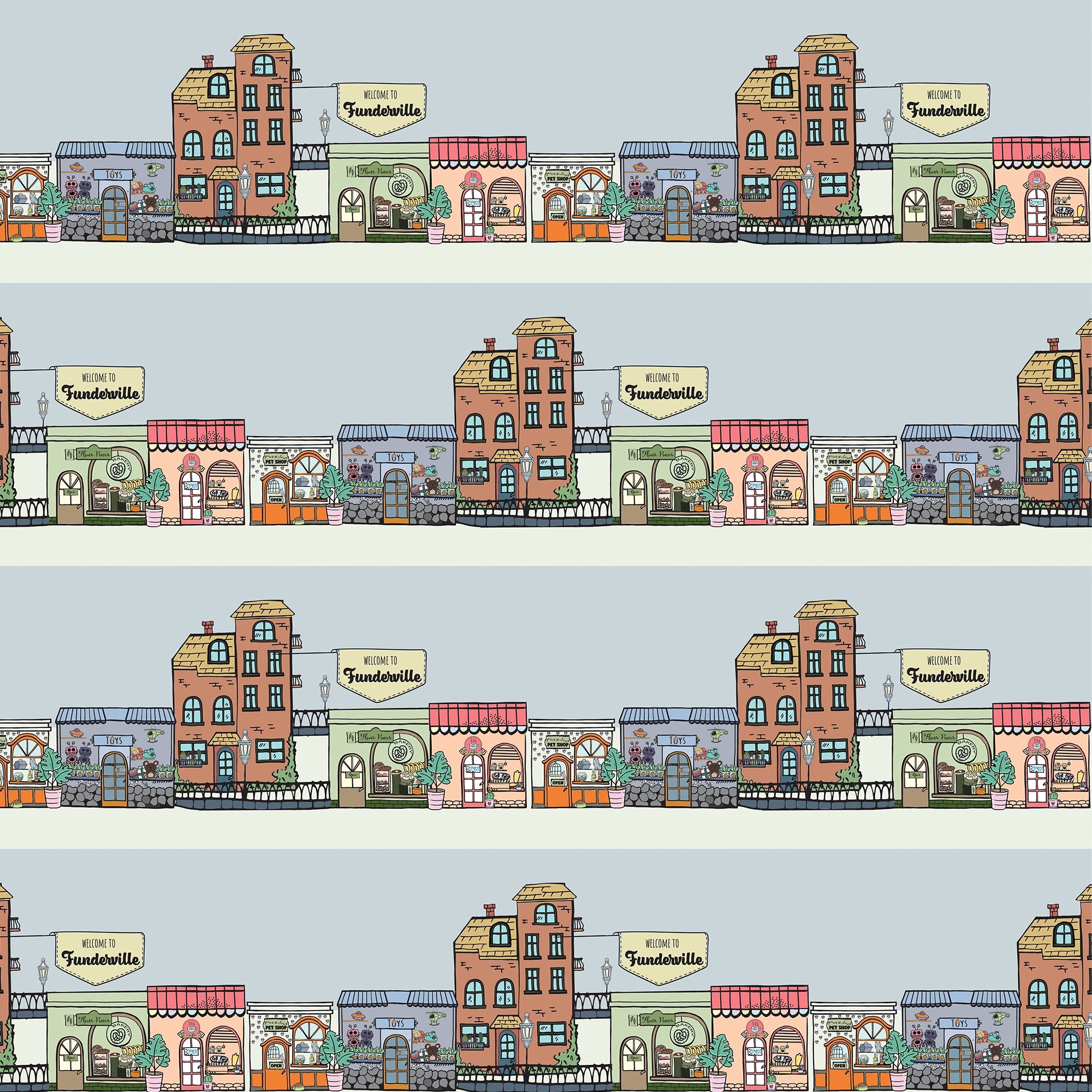 Fundertville Design – Stadtmuster mit liebevoll illustrierten Häusern, Läden und Straßenszenen für eine spielerische Umgebung unter dem Tisch mitten im Familienalltag