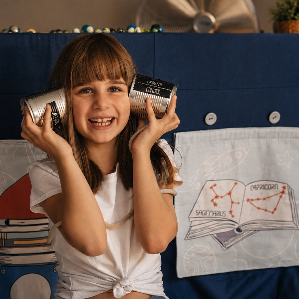 Mädchen spielt mit selbstgebasteltem „Ground Control“-Telefon vor einem dunkelblauen Fundertable Spielzelt im Weltraum-Design. Die Fensterklappen zeigen Raketen-, Sternbild- und Planetenmotive und schaffen eine kreative Raumfahrt-Spielwelt unter dem Tisch.