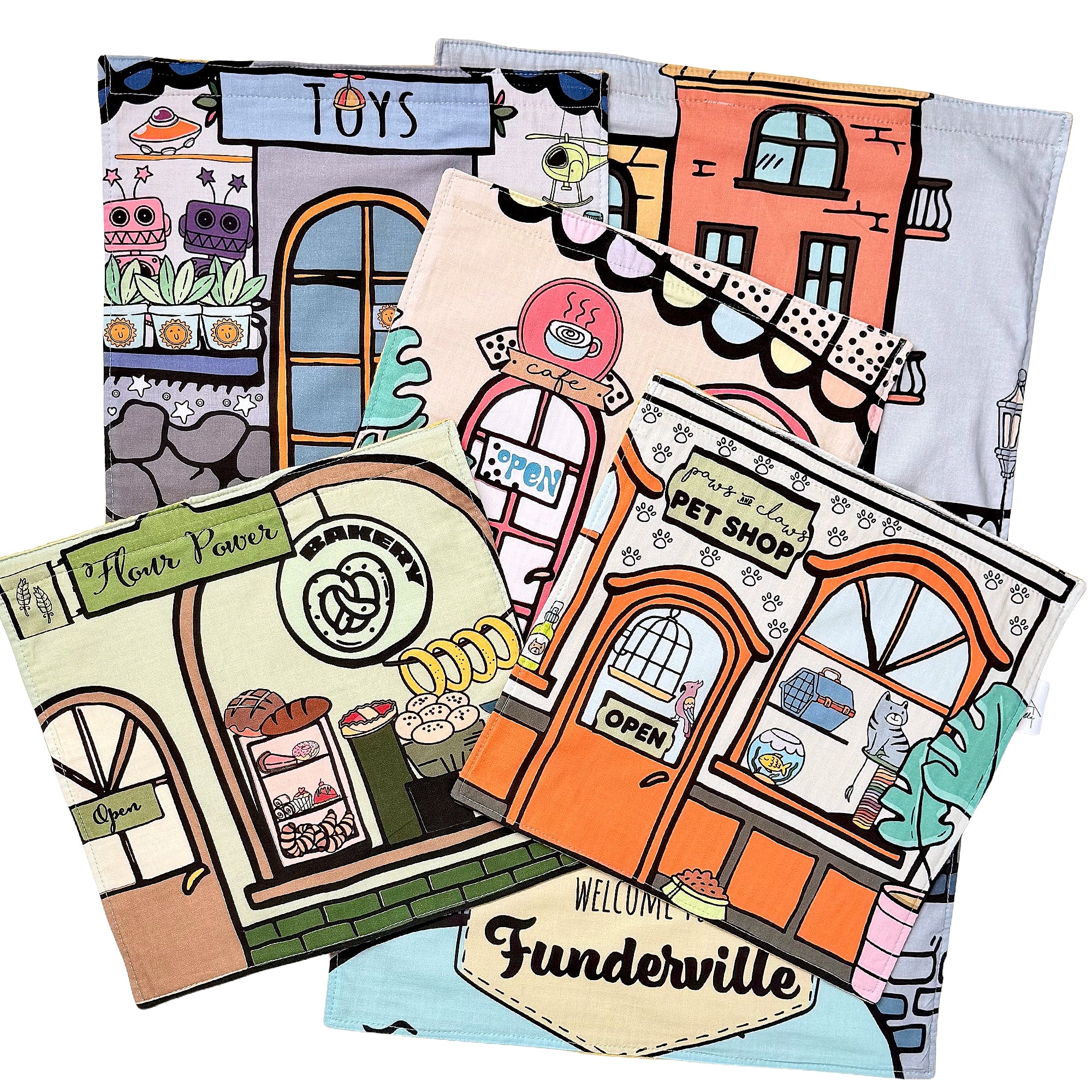 Fundertable Fensterklappen im Stadt-Design mit Motiven von Café, Bäckerei, Pet Shop und Spielzeugladen