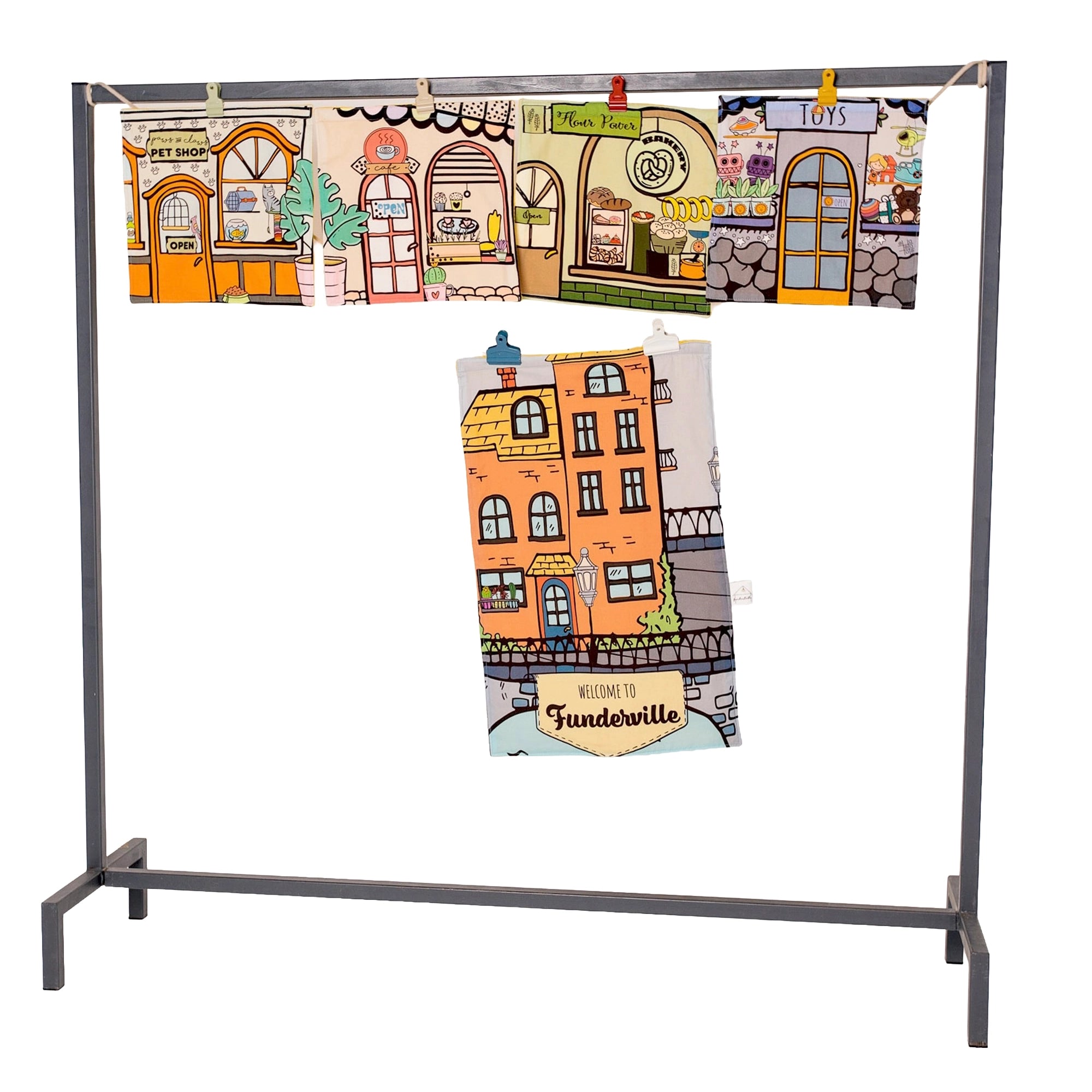 Fundertable Fensterklappen und Türklappe im Stadt-Design mit Geschäften und Häuserfassade (Funderville)